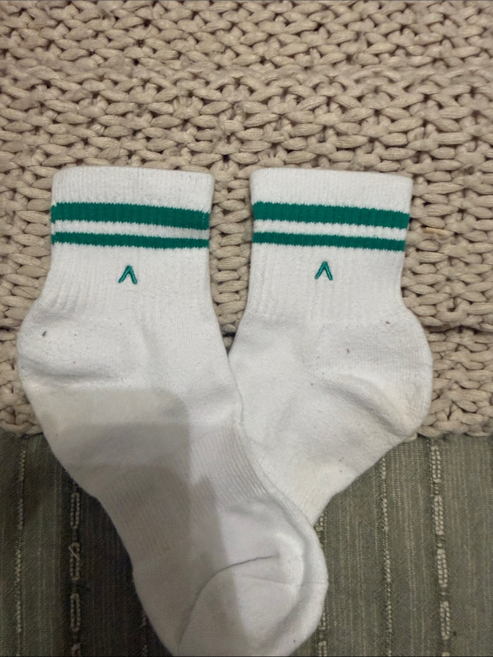 White Ankle Athletic Socks with Green Stripes